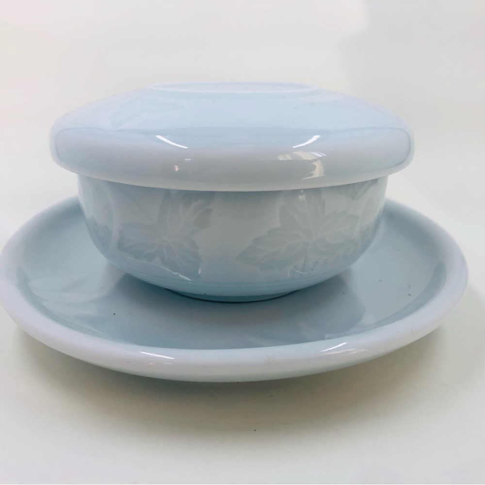 Blue Celadon Pottery Bowl with Lid & Saucer With Strawberries Pattern